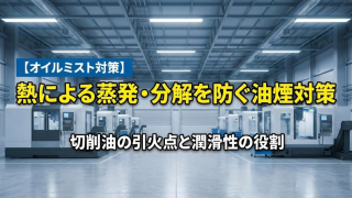【オイルミスト対策】熱による蒸発・分解を防ぐ油煙対策｜切削油の引火点と潤滑性の役割