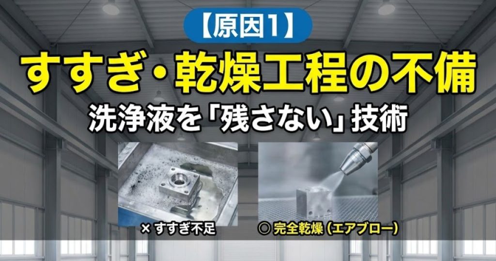 【原因1】すすぎ・乾燥工程の不備｜洗浄液を「残さない」技術