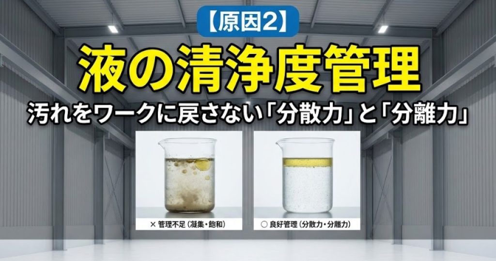 【原因2】液の清浄度管理｜汚れをワークに戻さない「分散力」と「分離力」