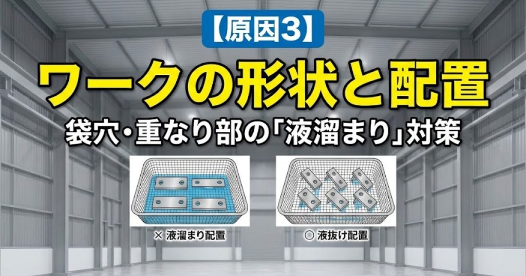 【原因3】ワークの形状と配置｜袋穴・重なり部の「液溜まり」対策