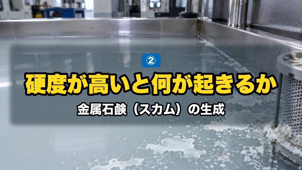 硬度が高いと何が起きるか｜金属石鹸（スカム）の生成。液面に白く浮いたスカムと目詰まりしたフィルター
