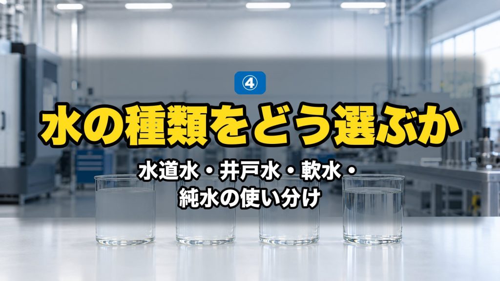 水の種類をどう選ぶか｜水道水・井戸水・軟水・純水の使い分け。透明度の異なる4種類の水を並べたガラス容器