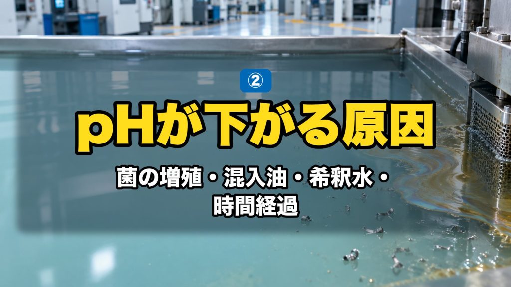 浮上油と細かな切りくずが見られるクーラントタンクの液面
