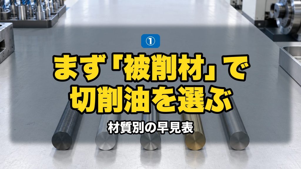 まず「被削材」で切削油を選ぶ|材質別の早見表。素材ごとに色と光沢が異なる金属丸棒5本を整列させた様子