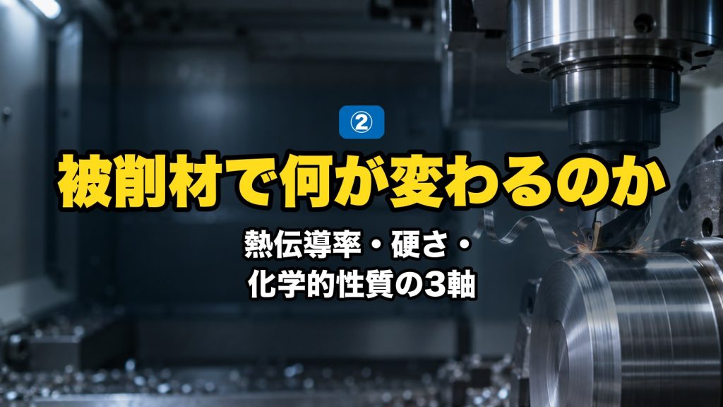 被削材で何が変わるのか|熱伝導率・硬さ・化学的性質の3軸。超硬工具の刃先が金属に食い込む切削点のクローズアップ