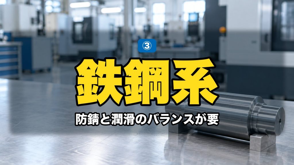 鉄鋼系|防錆と潤滑のバランスが要。薄い油膜に覆われ錆のない鋼の円筒ワーク