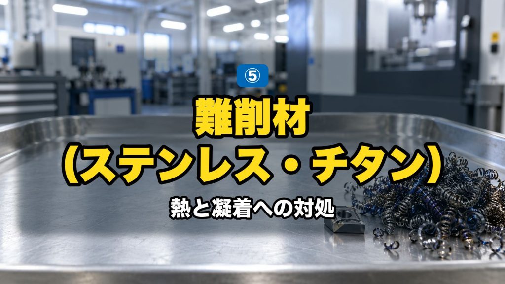 難削材(ステンレス・チタン)|熱と凝着への対処。焼け色を帯びた難削材の切りくずと摩耗した超硬インサート
